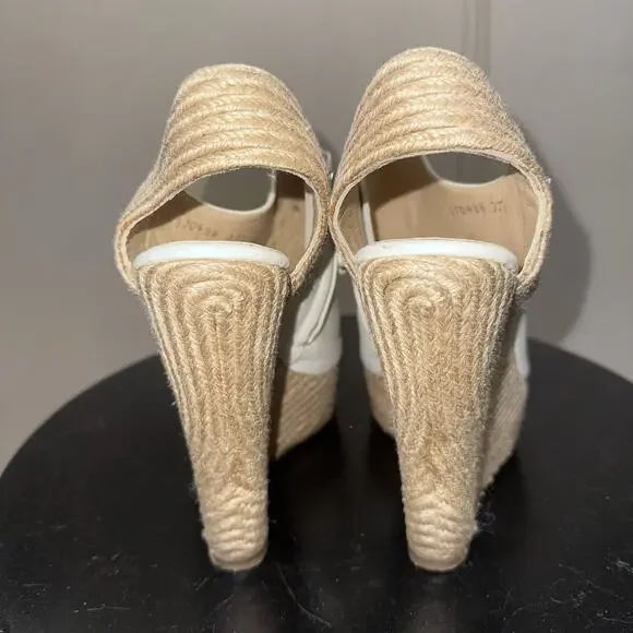 Authentic GUCCI Cream Leather Raffia Jute Wedge Heel Slingback Sandals EU 37.5